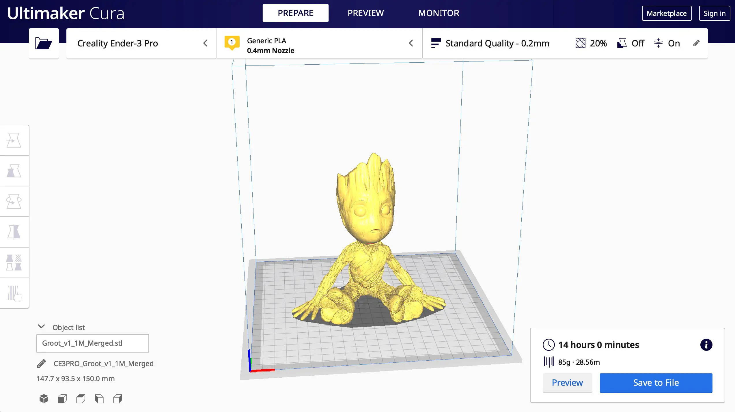 printing time for baby groot model
