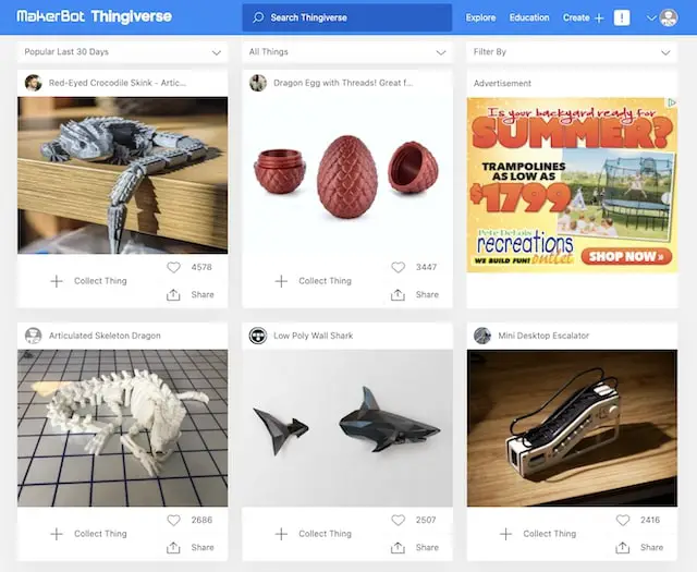 Screenshot of the Thingiverse Homepage