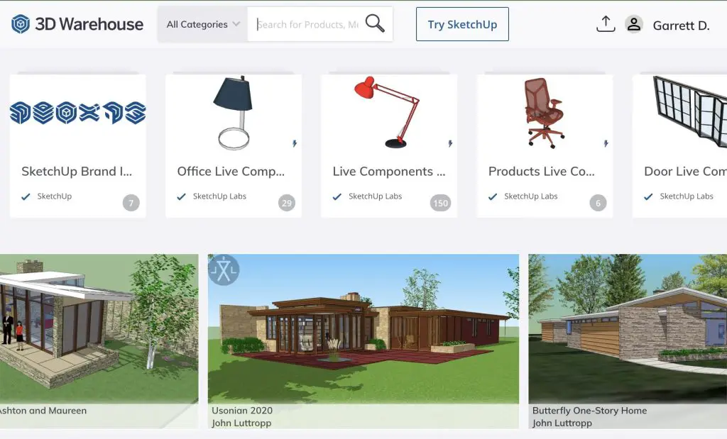 Screenshot of the 3D Warehouse homepage